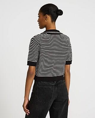 Striped Johnny Collar Short Sleeve Sweater