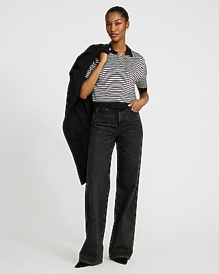 Striped Johnny Collar Short Sleeve Sweater | Express