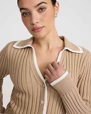 Fitted Contrast V-Neck Collar Ribbed Sweater - image 2
