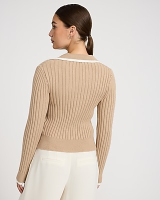 Fitted Contrast V-Neck Collar Ribbed Sweater - image 3