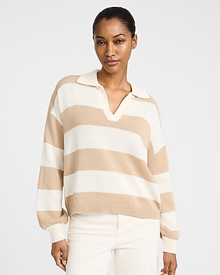 Striped Puff Sleeve Johnny Collar Sweater | Express