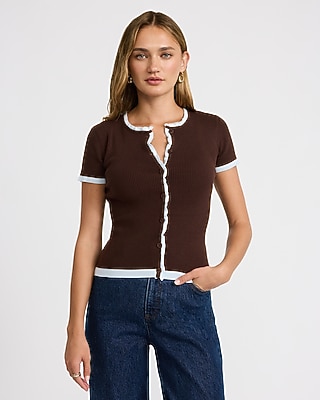 Fitted Tipped Crew Neck Short Sleeve Cardigan | Express