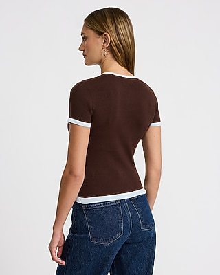Fitted Tipped Crew Neck Short Sleeve Cardigan