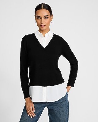 Mixed Media Layered Collared Sweater | Express