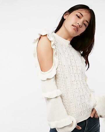 who what wear pick ruffle cold shoulder cable knit sweater