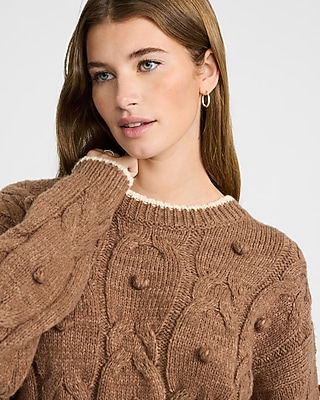 Tipped Cable Knit Crew Neck Pom Pom Sweater | Express