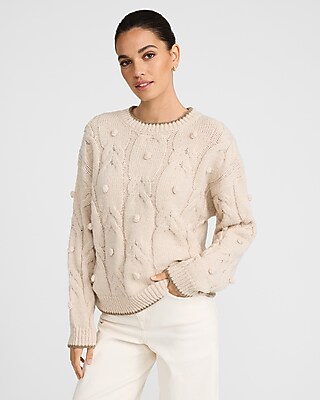 Tipped Cable Knit Crew Neck Pom Pom Sweater - image 2