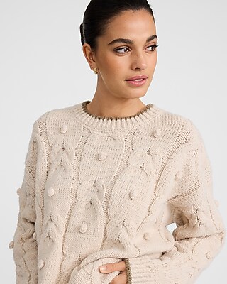 Tipped Cable Knit Crew Neck Pom Pom Sweater - image 3
