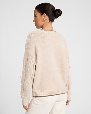 Tipped Cable Knit Crew Neck Pom Pom Sweater - image 4