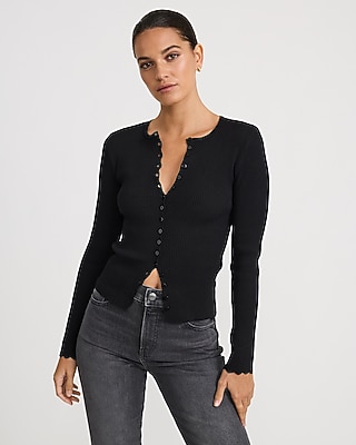Fitted Ribbed Scalloped Crew Neck Cardigan