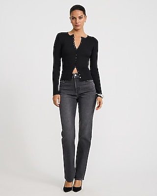 Fitted Ribbed Scalloped Crew Neck Cardigan