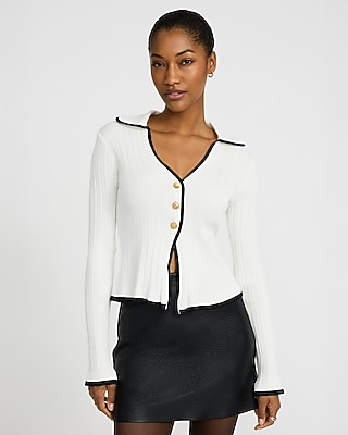 Gold Button V-neck Banded Cardigan | Express