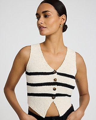 Textured Striped Cropped Button Front Cutaway Sweater Vest - image 2