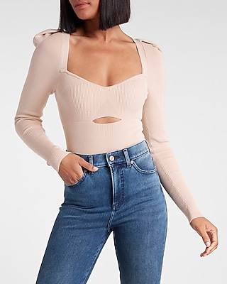 ribbed puff shoulder cutout sweater thong bodysuit