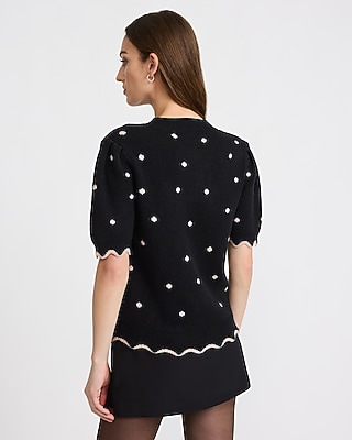 Polka Dot Crew Neck Puff Sleeve Scalloped Sweater