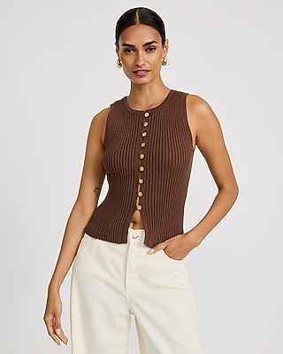 Ribbed Crew Neck Button Front Cutaway Sweater Tank