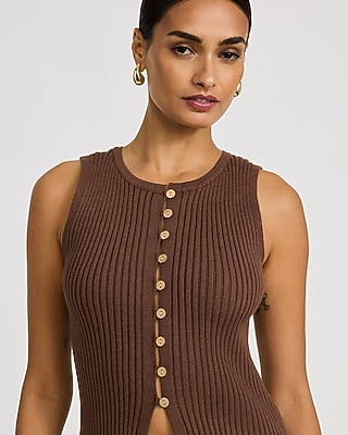 Ribbed Crew Neck Button Front Cutaway Sweater Tank