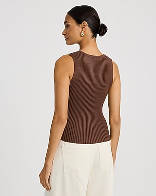 Ribbed Crew Neck Button Front Cutaway Sweater Tank