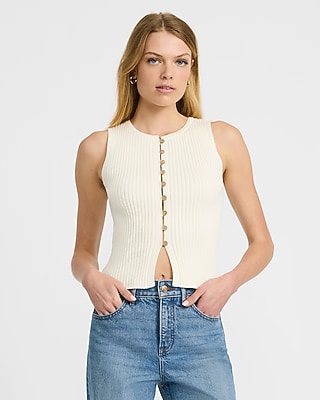 Ribbed Crew Neck Button Front Cutaway Sweater Tank - thumbnail 5