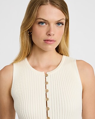 Ribbed Crew Neck Button Front Cutaway Sweater Tank - thumbnail 6