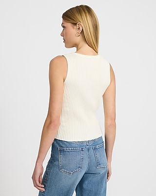 Ribbed Crew Neck Button Front Cutaway Sweater Tank - thumbnail 7