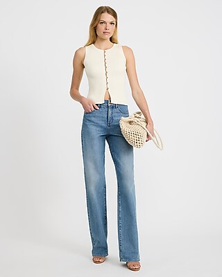 Ribbed Crew Neck Button Front Cutaway Sweater Tank - thumbnail 8