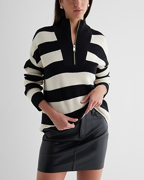 Striped Ribbed Quarter Zip Tunic Sweater