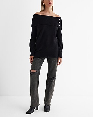Novelty Button Off The Shoulder Oversized Sweater - image 4