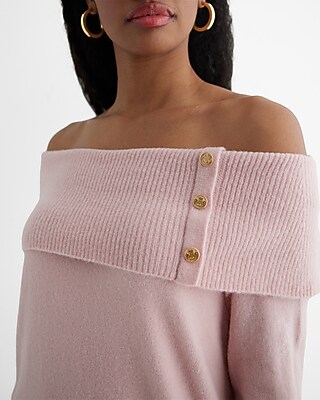 Novelty Button Off The Shoulder Oversized Sweater