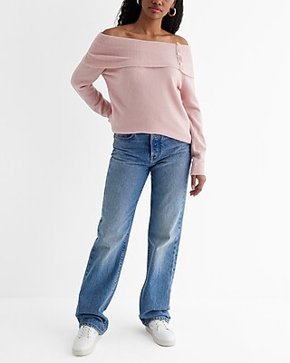 Novelty Button Off The Shoulder Oversized Sweater