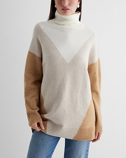 Color Block Turtleneck Tunic Sweater