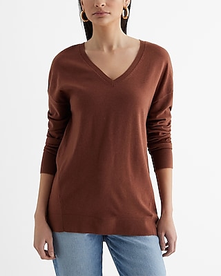 Fax Copy Express Brown Plunging V-Neck Sweater