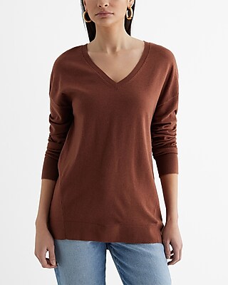 Fax Copy Express Brown Plunging V-Neck Sweater