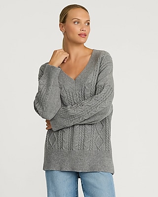 Cable Knit V-Neck Tunic Sweater