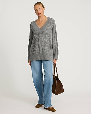 Cable Knit V-Neck Tunic Sweater
