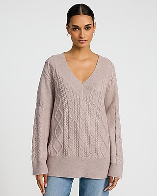 Cable Knit V-Neck Tunic Sweater