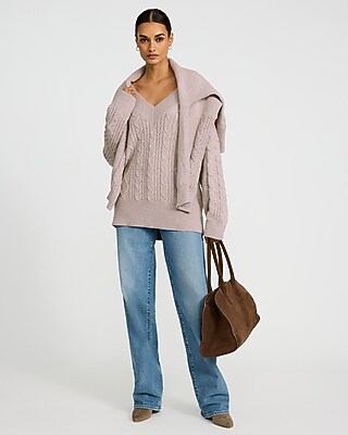 Cable Knit V-Neck Tunic Sweater