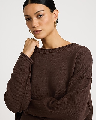 Boat Neck Roll Hem Oversized Sweater - thumbnail 10
