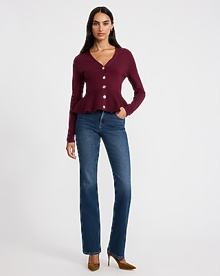 V-Neck Novelty Button Peplum Sweater - thumbnail 3