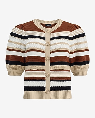 Cotton Striped Crew Neck Puff Sleeve Cardigan