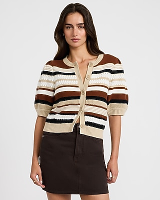 Cotton Striped Crew Neck Puff Sleeve Cardigan