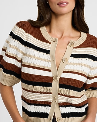 Cotton Striped Crew Neck Puff Sleeve Cardigan