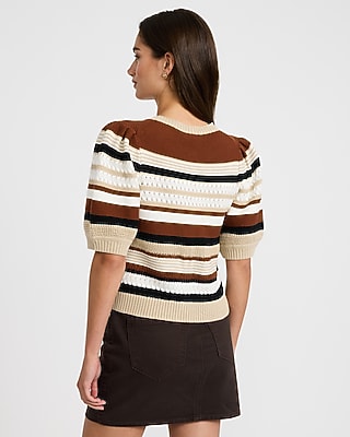 Cotton Striped Crew Neck Puff Sleeve Cardigan