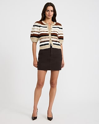 Cotton Striped Crew Neck Puff Sleeve Cardigan