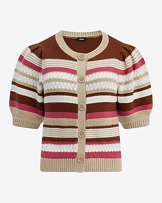Cotton Striped Crew Neck Puff Sleeve Cardigan - thumbnail 5
