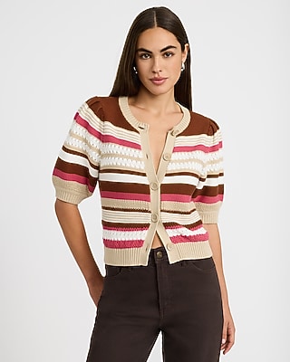 Cotton Striped Crew Neck Puff Sleeve Cardigan