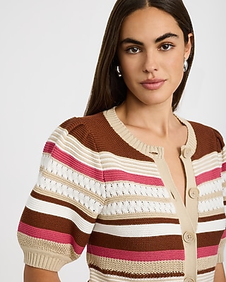 Cotton Striped Crew Neck Puff Sleeve Cardigan - thumbnail 2