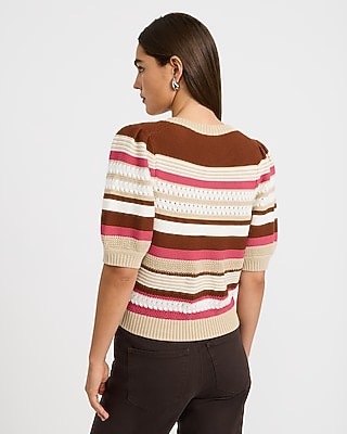 Cotton Striped Crew Neck Puff Sleeve Cardigan - thumbnail 3