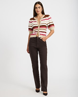 Cotton Striped Crew Neck Puff Sleeve Cardigan - thumbnail 4