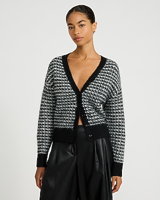 Wool-Blend Textured Striped V-Neck Cardigan - thumbnail 3